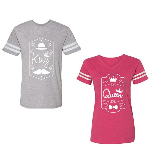 King Queen White Pentagon Unisex Couple Matching Cotton Jersey style T-Shirt Contrasting stripes on sleeves (Men Heather / Women Pink) (Men L / Women XL)