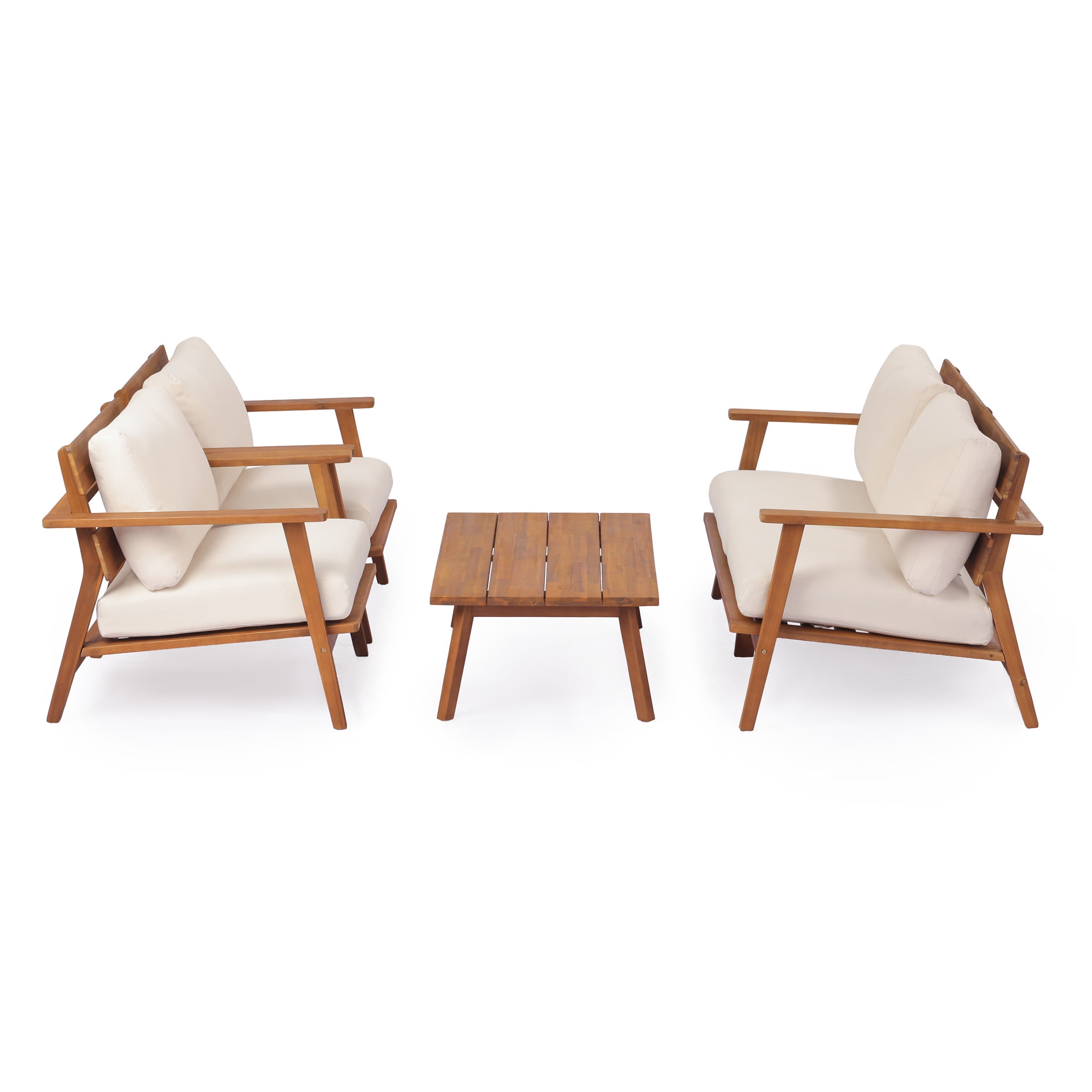 Christopher Knight Home 4-Piece Mid-Century Patio Chat Set, Wooden Loveseat, Club Chairs and Coffee Table, Teak+Beige