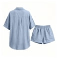thumbnail image 4 of Linen Lounge Short Sets for Women Summer Two Piece Shorts and Short Sleeve Top Matching Sets Casual Beach Outfits Blue M, 4 of 7