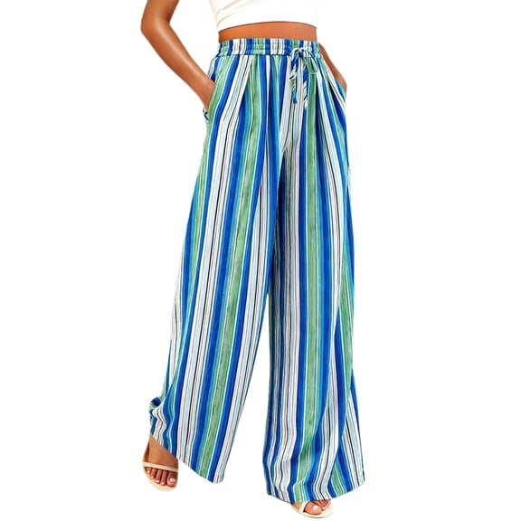 Womens Pants Elastic Waist Light-Weight Palazzo Pants for Women Casual Lounge Wide Leg Pants Woman Colorful - Blue M