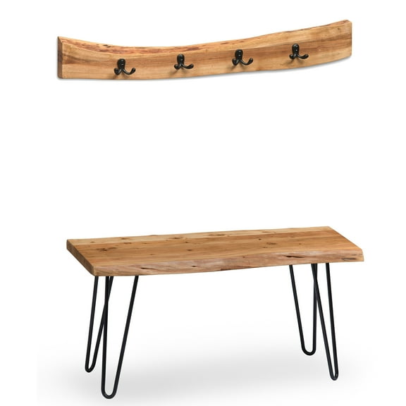 Hairpin Natural Live Edge 36" Bench with Coat Hook Set