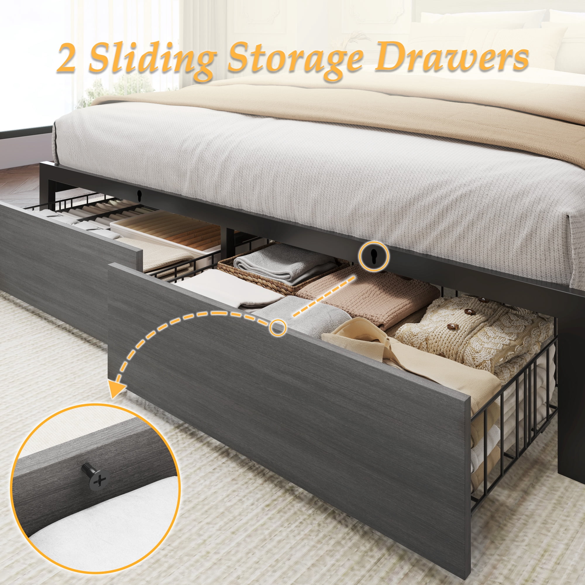 Fluest Queen Bed Frame with 2-Tier Storage Headboard, Metal Bed Frame with Storage Drawers & Built-in Charging Station & LED, Noise-Free, No Box Spring Needed, Easy Assembly, Rustic Grey