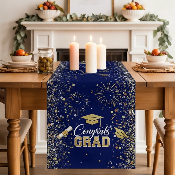 Blue Gold Graduation Cap Table Runner 13x60 Inch Graduates Celebration Fireworks Classic Cotton Linen Dining Table Runner Ideal for Dresser Kitchen Coffee Tables - Machine Washable