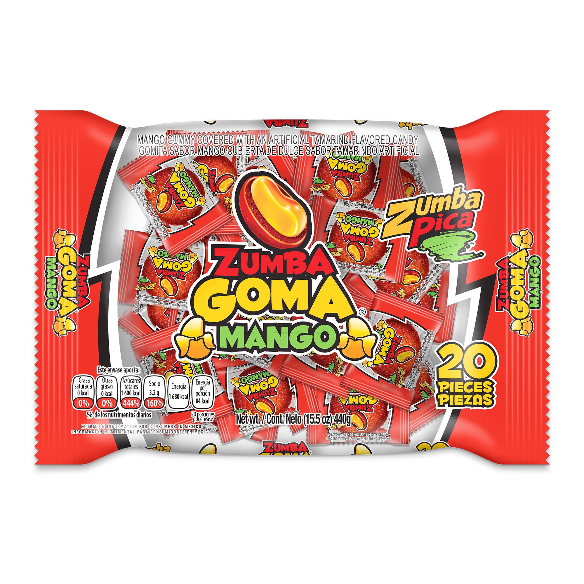 Zumba Pica Goma Mix Gummy Candy, Mexican Tamarind and Mango Candy, 20 Count