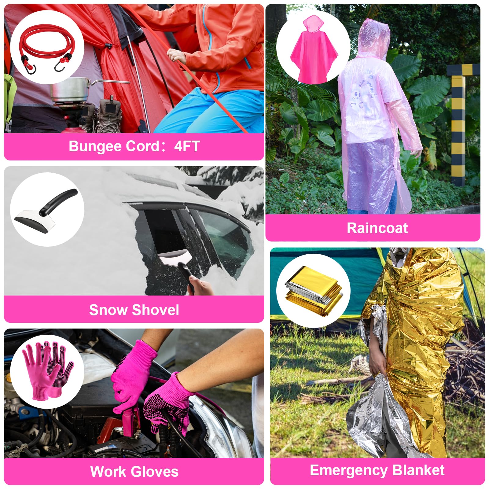 Vioview Roadside Emergency Car Safety Kit, with 4-in-1 Inflatable Car Vacuum Cleaner, Pink Jumper Cables, First Aid Kit, Tow Rope. Vehicle Must Haves Emergency Kit Accessories for Women