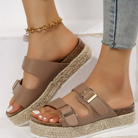 

Women s Comfy Platform Espadrille Slides - Adjustable Double Buckle Solid Color All-Season Open-Toe Sandals