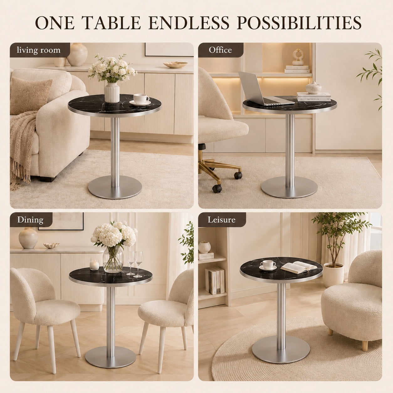 Aukfa 31.5" Round Sintered Stone Dining Table for 2-4, Kitchen Table Tulip Table with Silver Pedestal Base for Bistro Small Apartment,Obsidian Black
