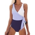 thumbnail image 1 of Women's One Piece Swimsuit Wrap Color Block Tie Side Bathing Suit, Purple M, 1 of 6