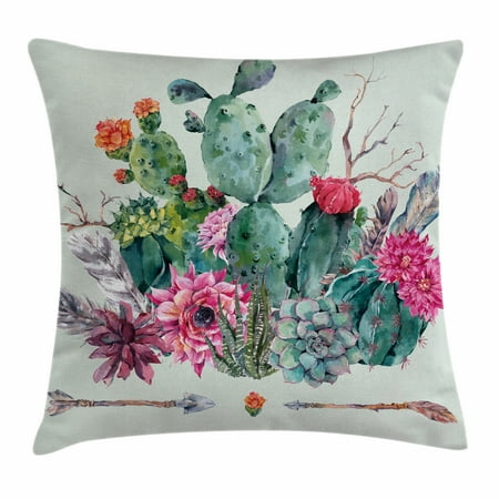 Cactus Decor Throw Pillow Cushion Cover, Spring Garden with Boho Style Bouquet of Thorny Plants Blooms Arrows Feathers, Decorative Square Accent Pillow Case, 16 X 16 Inches, Multicolor, by Ambesonne