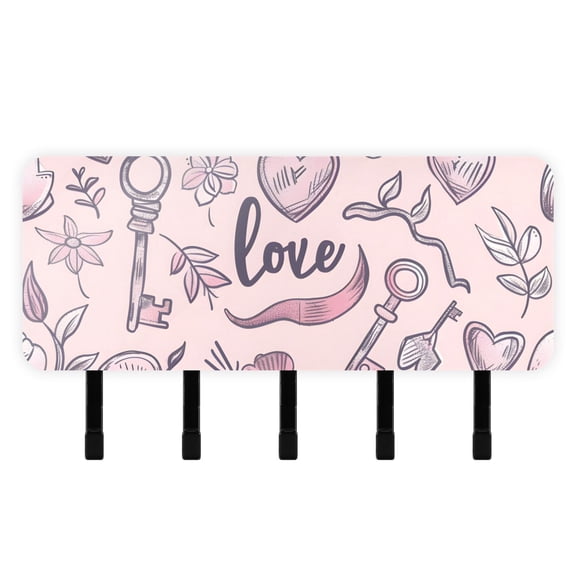 Pink Hearts Flowers Keys Mail Holder Organizer Wall Mount with Shelf Key Holder Key Rack with 5 Key Hooks for Wall Decorative