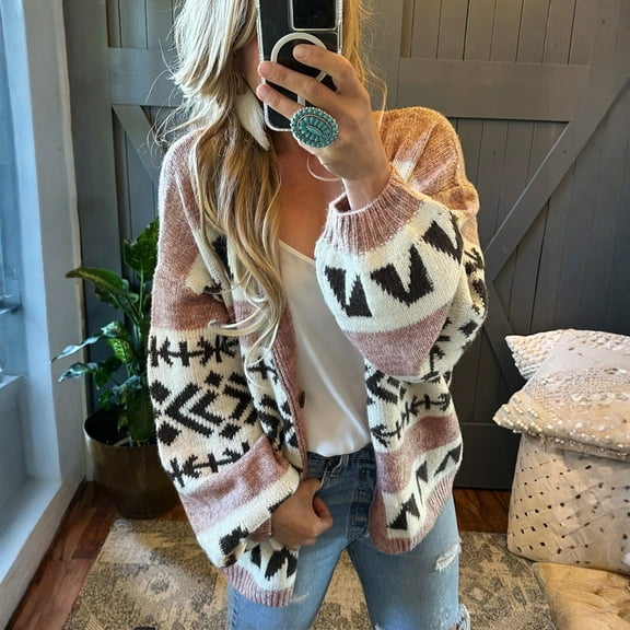 Women's Print Knit Sweater Cardigan Coat for Fall and Winter Season, Ideal for Women's Winter Clothing and Outerwear, Winter Clothes for Women,Pink,L