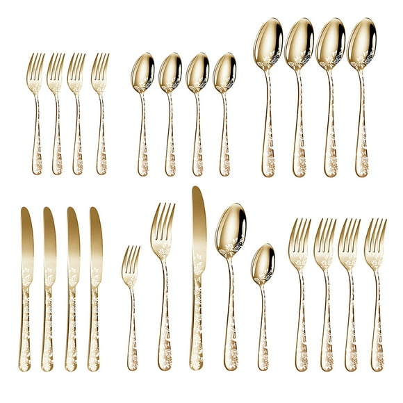 yeacher Elegant 20-Piece Gold Patterned Stainless Steel Cutlery Set - 4 Knives, 4 Forks, 4 Spoons, 4 Tea Forks, 4 Teaspoons for Dining, Parties, and Gifting