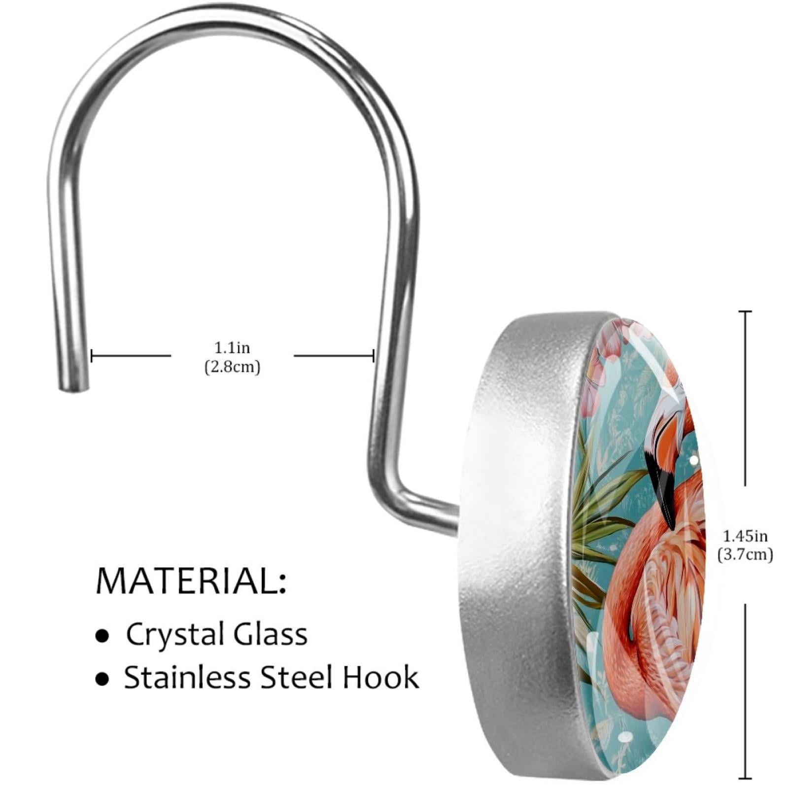 Tropical Hibiscus Flamingo Shower Curtain Hooks Round Crystal Glass, Set of 12 Shower Curtain Rings - Shower Hooks for Curtain Shower Rings