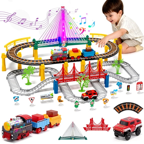 LINXUXIE 113 PCS Train Tracks Set, Locomotive Train Toys with Bridge Road and Sign, Birthday Gifts for 3-5 5-8 Year Old