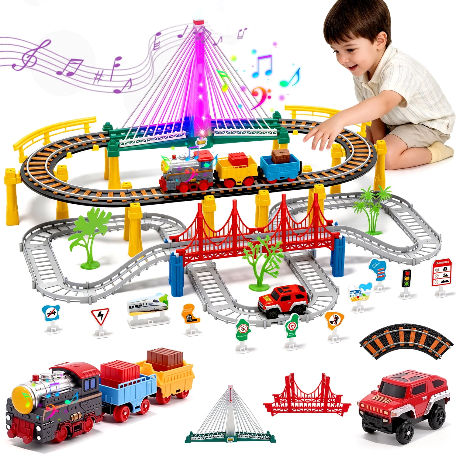 LINXUXIE 113 PCS Train Tracks Set, Locomotive Train Toys with Bridge Road and Sign, Birthday Gifts for 3-5 5-8 Year Old