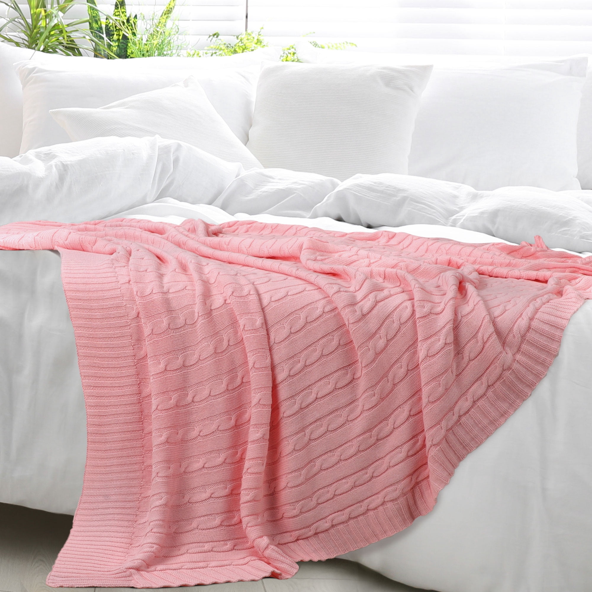 Unique Bargains 100% Cotton Cable Knit Throw Bed Blanket Blush Pink 60" x 78"