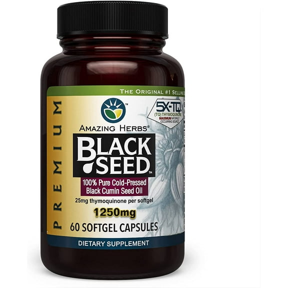 Amazing Herbs Premium Black Seed Oil Capsules - High Potency, Cold Pressed Nigella Sativa Aids in Digestive Health, Immune Support & Brain Function - 60 Count, 1250mg