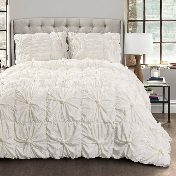 Lush Decor Bella Textured Ruching Comforter, Full/Queen, White, 3-Pc Set
