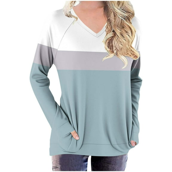 Long Sleeve Tops for Women with Pockets Striped Print V Neck Loose Tunic T-shirts Casual Spring Fall Tees (XL, Light Blue)