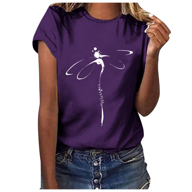 Fgnfyis Hauts pour Femmes T-Shirt Décontracté à Lettres Col Rond Manches Courtes Tunique T-Shirts pour Femmes Violet m