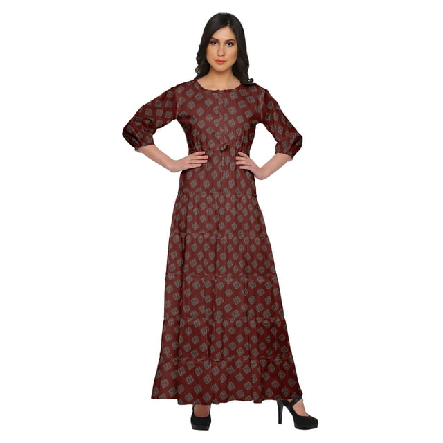 Moomaya Robe Longue Évasée Imprimée pour Femmes Manches 3/4 Col Rond Tenue Décontractée