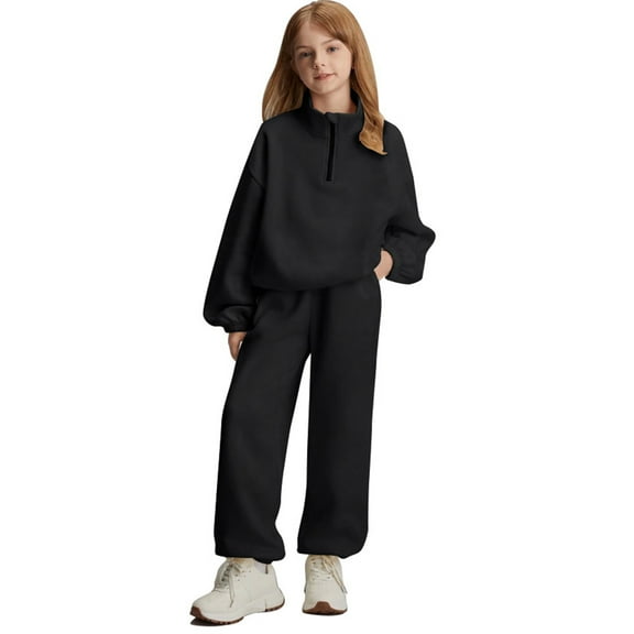 CCRFTGI Girls Sweat Suits Quarter Zip Size 10-12 Casual Tracksuit Fashion Lounge Sets Lightweight Spring Day Sweatshirt and Sweatpants Joggers Set Black 10Y