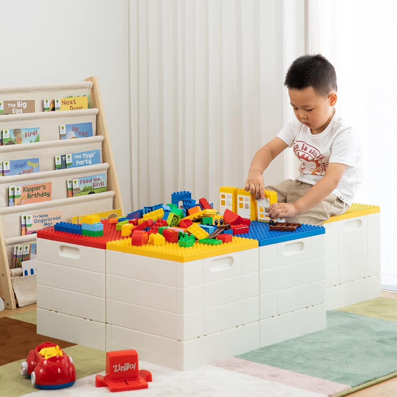 Folding Storage Box with Building Lid for Duplo Blocks, 26 Qt. Foldable Toy Container, 25L Collapsible Storage Bin with Building Baseplate for Lego Bricks, Blue