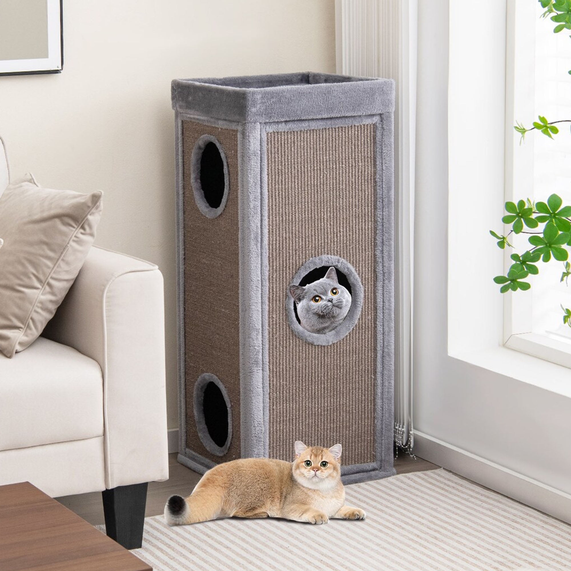 Kadyn 39" Indoor Cat Cave Bed, Cat House Scratcher Furniture, Cat Condo with Scratching Posts, 3 Hideaways, 4 Soft Plush Cushions, Gray