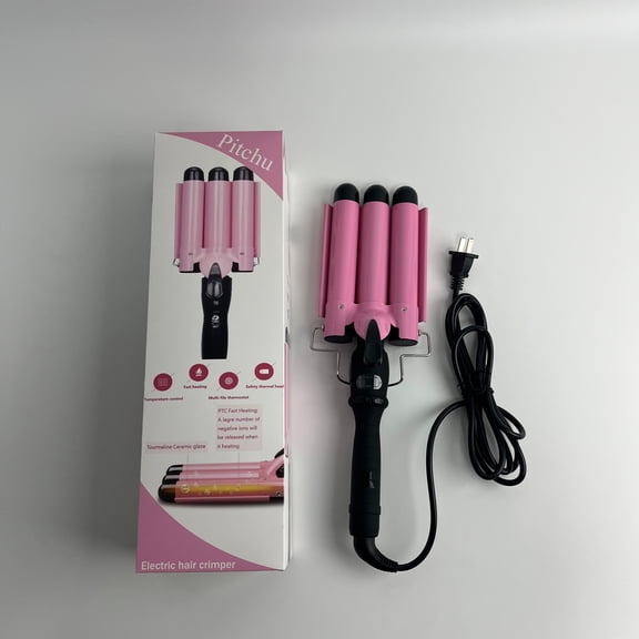 Pitchu Electric hair crimper, 3 Barrel Curling Iron Hair Crimper: Birthday Gifts for Women - Dual Voltage Adjustable Temperature Three Barrels Hair Waver - 1 Inch Ceramic Curler Wand (Pink)