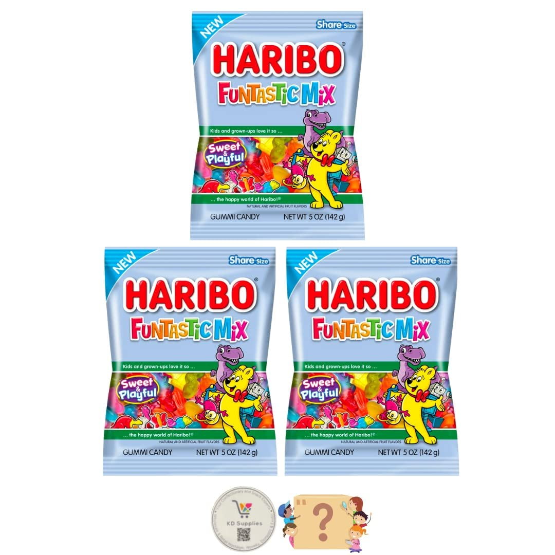 Haribo Gummi Candy Soft & Chewy Delicious Gummies, Pack of 3 5 oz Share Size Peg Bags + Bonus