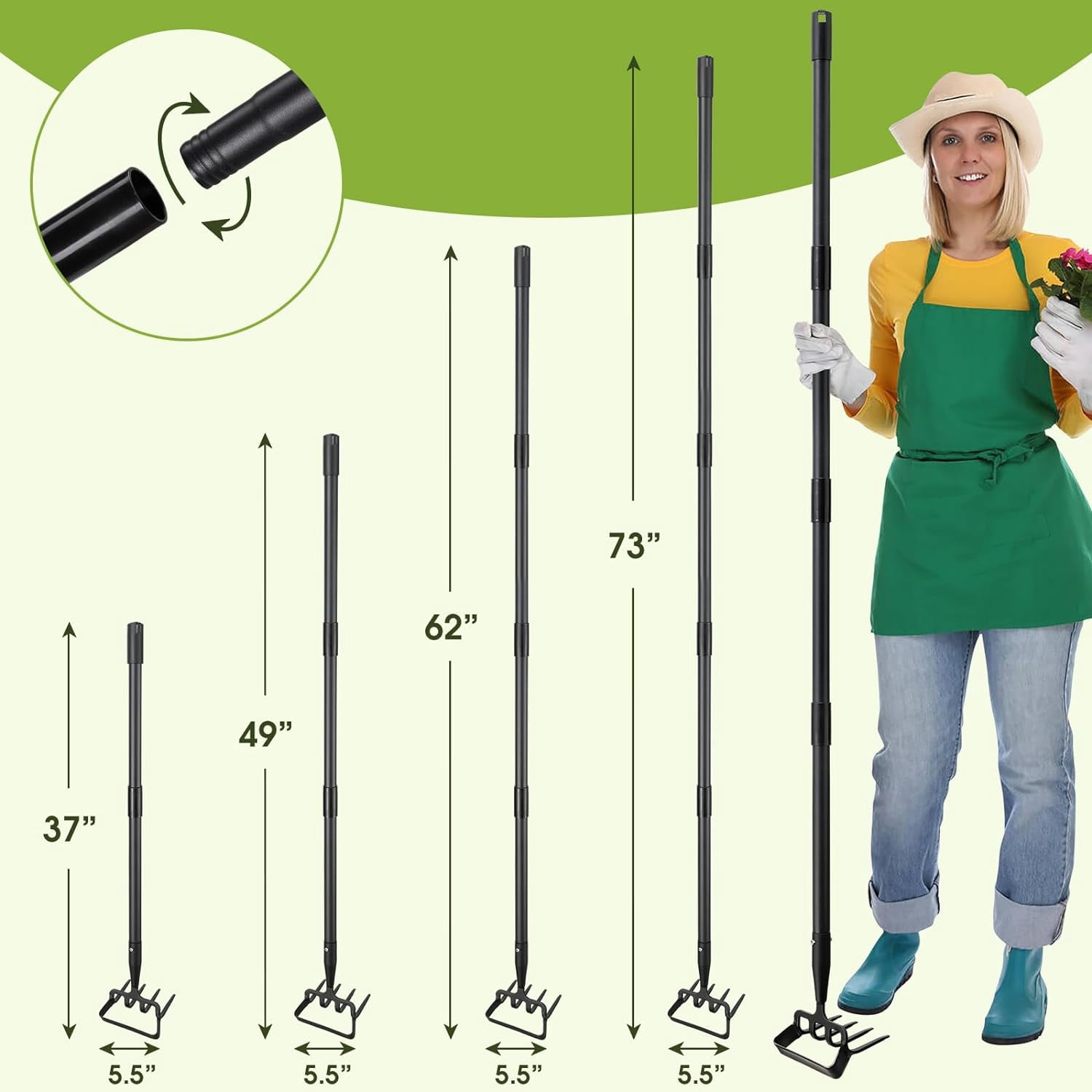 Stirrup Hoe and Cultivator, Heavy Duty Scuffle Garden Hoe with 73Inch Adjustable Handle for Weeding,Digging, Loosening Soil, Metal Garden Hula Hoe with Rake Tiller Cultivator