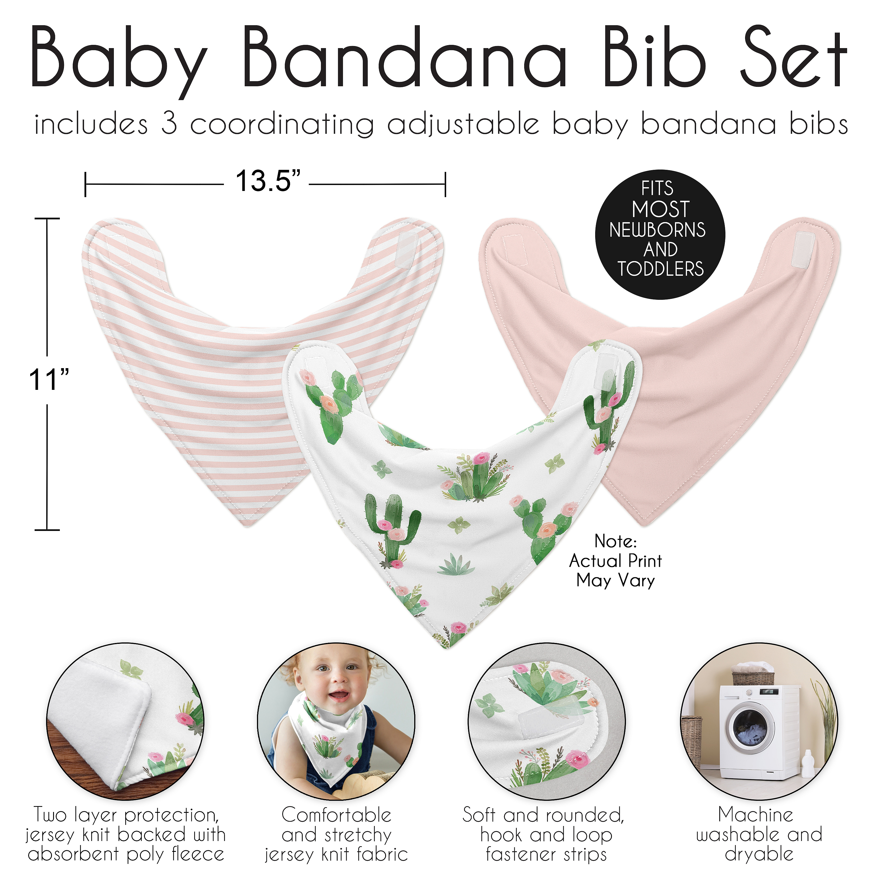 Sweet Jojo Designs Cactus Floral Pink Green and Grey Fabric Bandana Baby Bibs 3 Piece Set