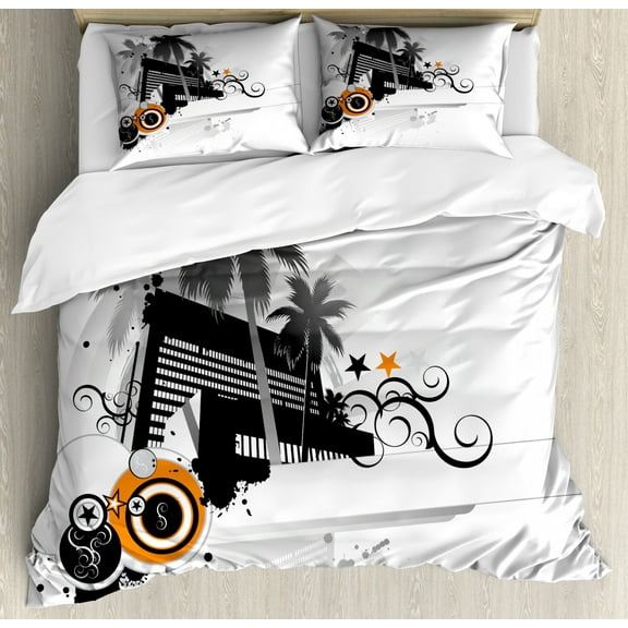 Architecture Duvet Cover Set Queen Size, Grunge Style Modern Design of Palm Trees and Urban Buildings, Decorative 3 Piece Bedding Set with 2 Pillow Shams, White and Charcoal Grey, by Ambesonne