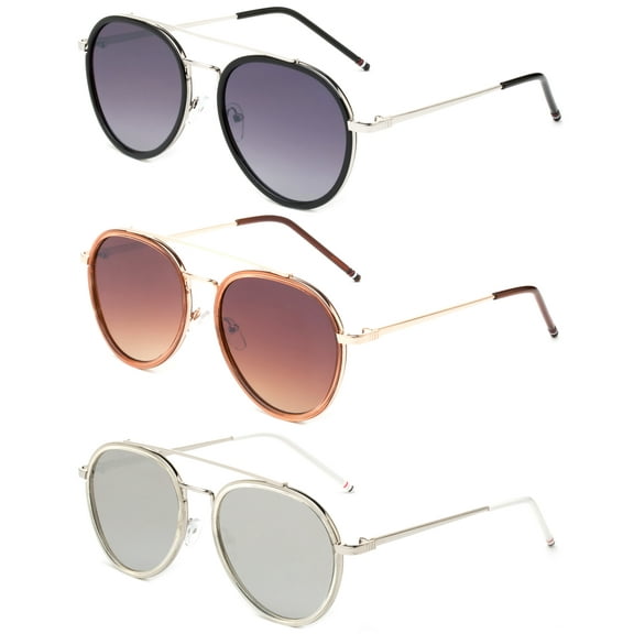 3 Pack Metal Plastic Dual Rim Aviator Fashion Sunglasses for Women, Flat Lens , Purple, Brown & Mirror