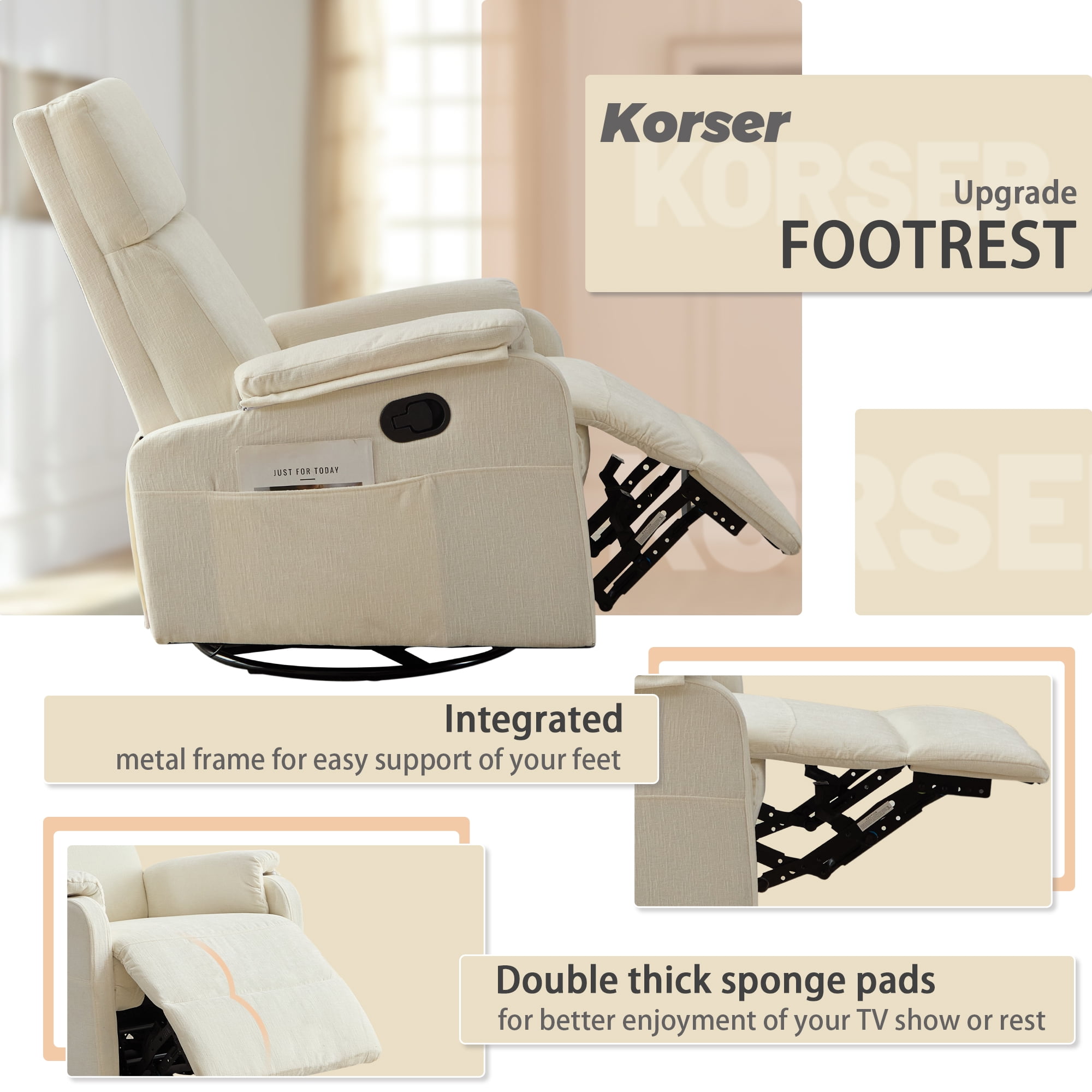 Korser Swivel Rocker Recliner Chair for Small Spaces Chenille for Living Room,Beige