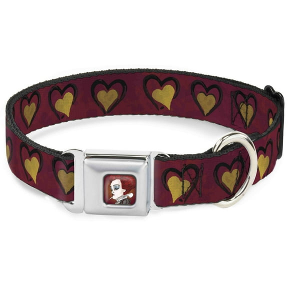 Disney Pet Collar, Dog Collar Metal Seatbelt Buckle, Alice In Wonderland Queens Hearts Reds Black Gold, 13 to 17 Inches 1.5 Inch Wide