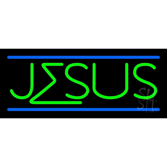 Green Jesus Blue Line LED Neon Sign 10" Tall x 24" Wide - inches Black Square Cut Acrylic Backing, with Dimmer - Premium built indoor Sign for Home décor, Event, Religious place, Store interior.
