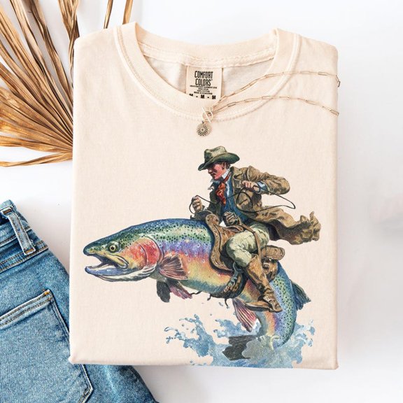 Cowboy Riding Rainbow Trout T-Shirt | Genuine Comfort Colors | Cowboy Fishing Club Rodeo Graphic Tee