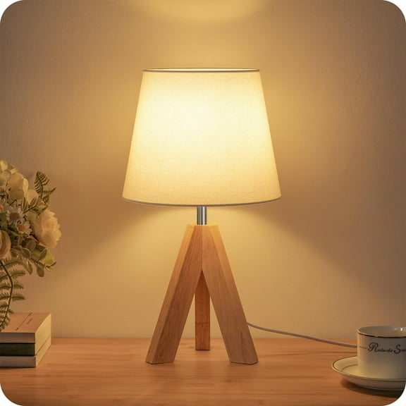 Modern Small Tripod Table Lamp - Boho Fabric Shade Nightstand Light for Bedroom, Kids Room, Living Room, Office, and Study - White W51TL05