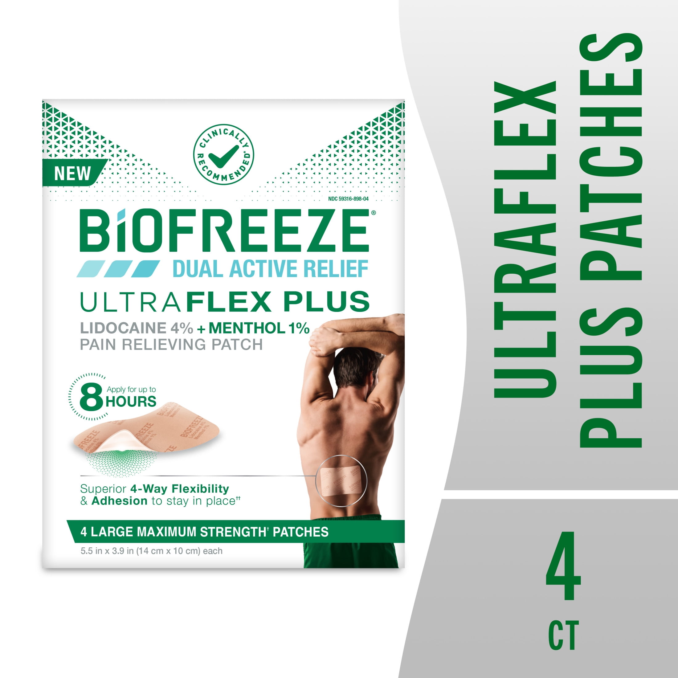 (2 pack) Biofreeze Ultraflex Plus Maximum Strength 4% Lidocaine Patches with Menthol, Flexible Pain Relief Patch for Lower Back, Lidocaine Patch for Neck, Knee, Shoulder, 4 Large Pain Patches