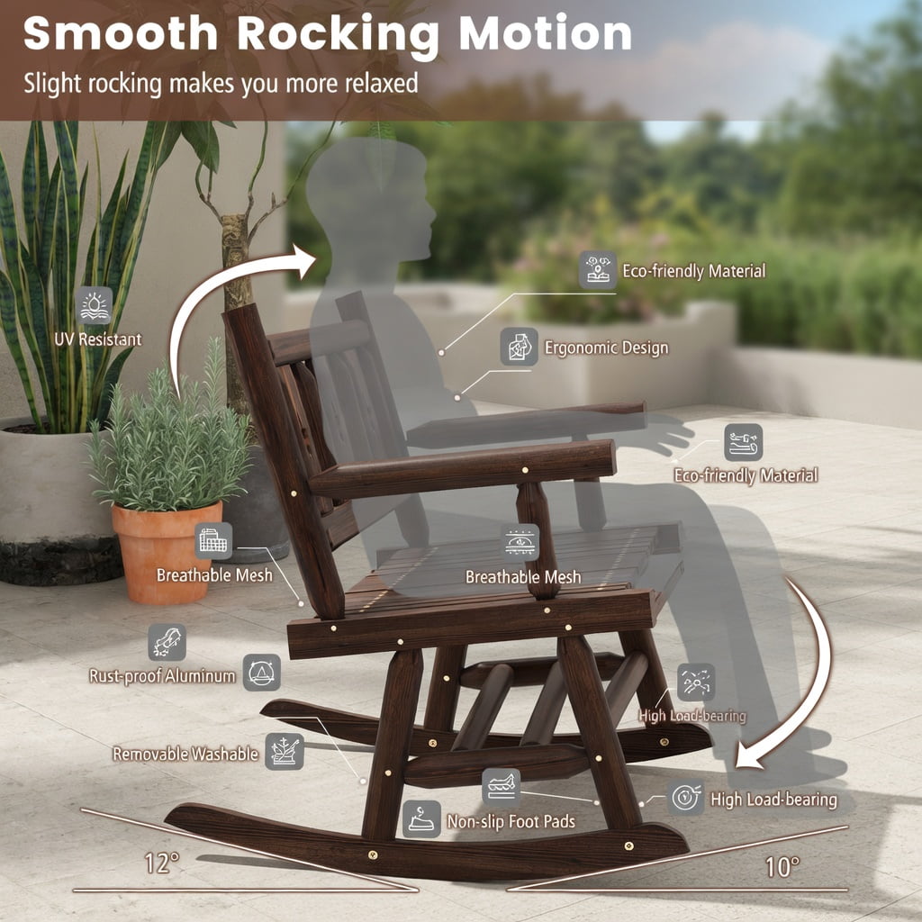 Hommoo 2-Person Wooden Rocking Bench for Patio, Backyard & Porch, Ergonomic Double Rocker Loveseat with Carbonized Pine & Fir Frame, Rustic Brown