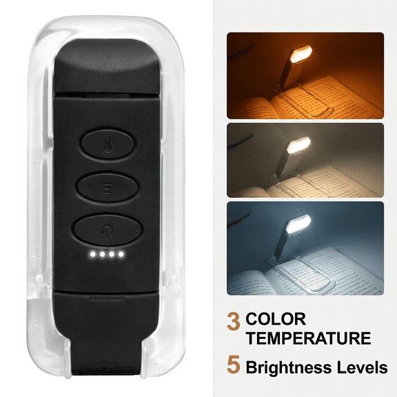 DAYBETTER Rechargeable Clip-on Reading Light, 3 Color Modes, 5 Brightness Levels, Portable for Bed Reading, Bookworms, Black