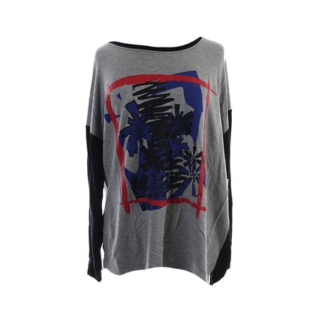 Kensie Grey Combo Long-Sleeve Graphic Colorblock Sweatshirt M