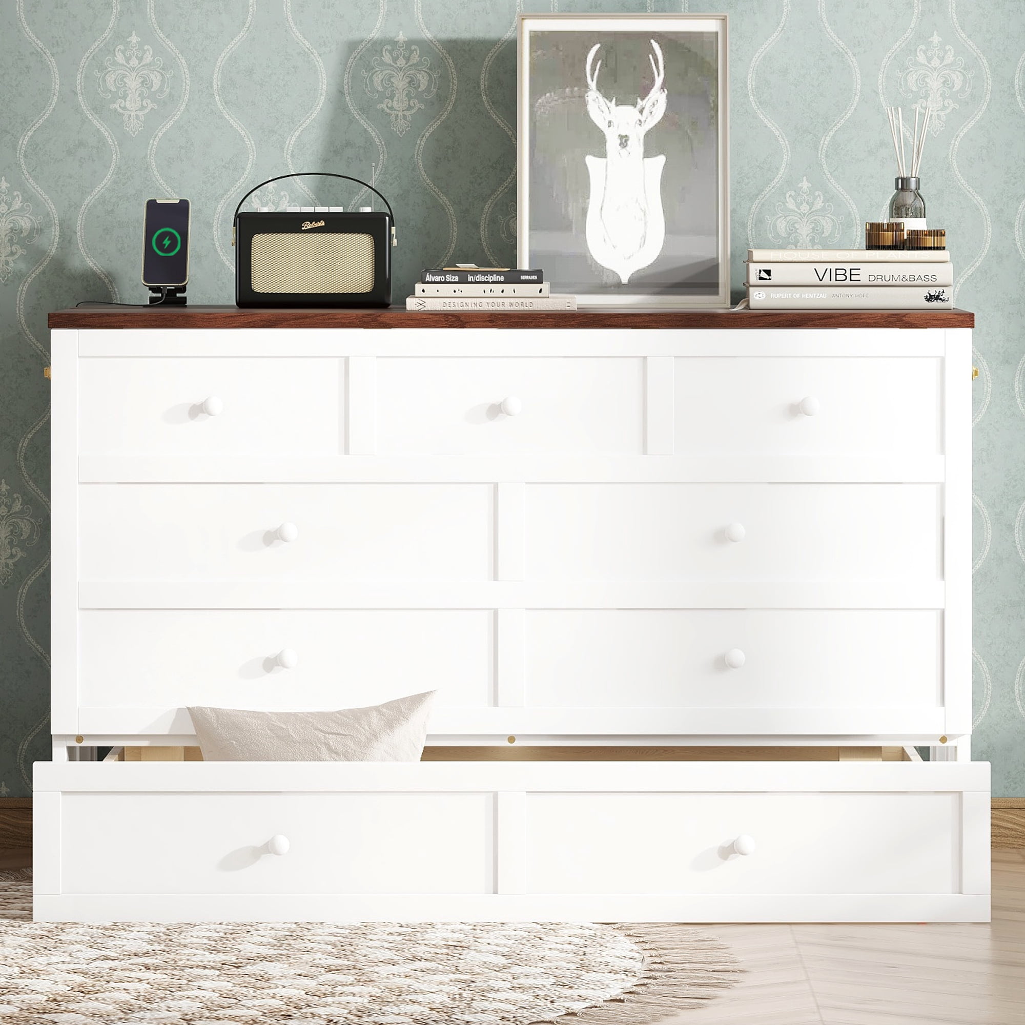 Leumius Queen Size Murphy Bed with Storage Drawer and Charging Station, USB Port, Solid Pine Murphy Bedframe for Home Office Studio or Guest Room White