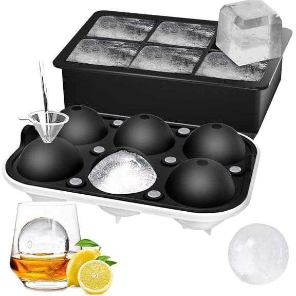 Ice Cube Trays (Set of 2), Sphere Ice Ball Maker with Lid & Large Square Ice Cube Maker for Whiskey, Cocktails and Homemade, Keep Drinks Chilled