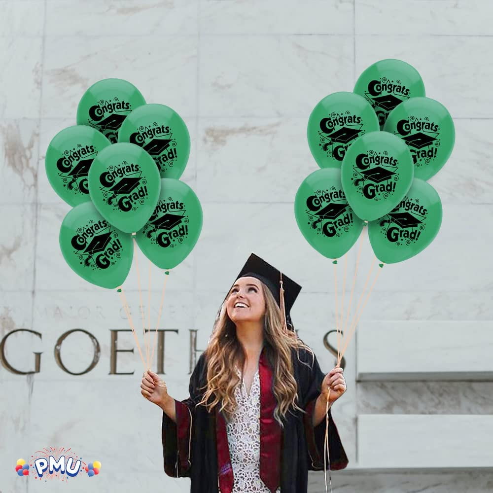 PMU 50 Pcs Graduation Balloons PartyTex 11 inch Premium Jade Green with All-Over Print White Grad Caps-Confetti and Streamers Graduation Party Decorations