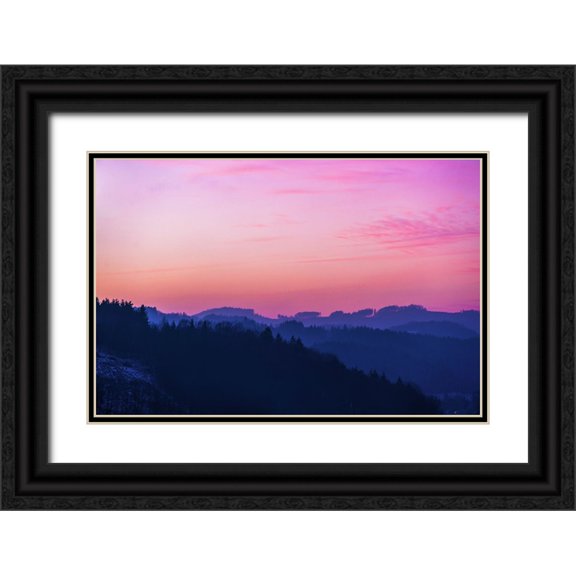 Jenny Rainbow Fine Art 14x11 Black Ornate Wood Framed with Double Matting Museum Art Print Titled - Pink Sky over Ridge of Blue Mountains