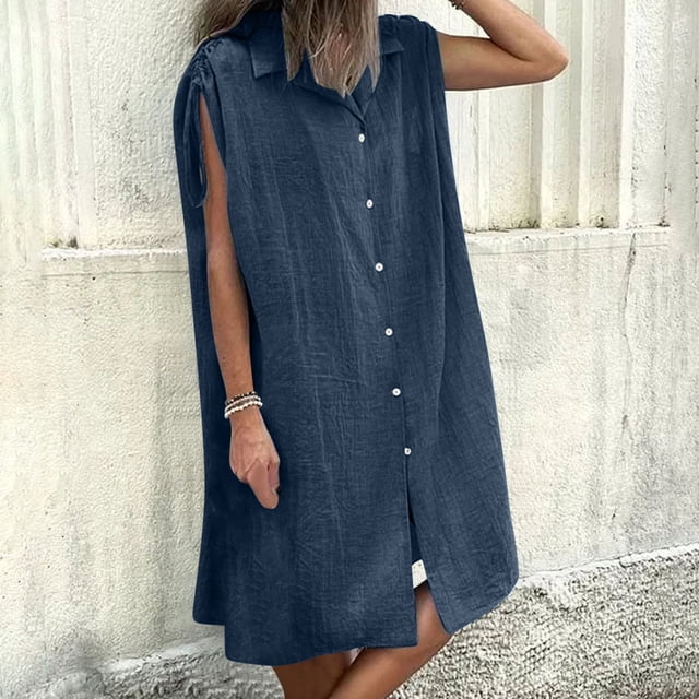 Ovzne Robes d'Été pour Femmes 2025 Robe de Plage Robe d'Été Imitation Coton et Lin à Col Rabattu Couleur Unie avec Poches Robe à Cordon d'Épaule Robe de Printemps Liquidation