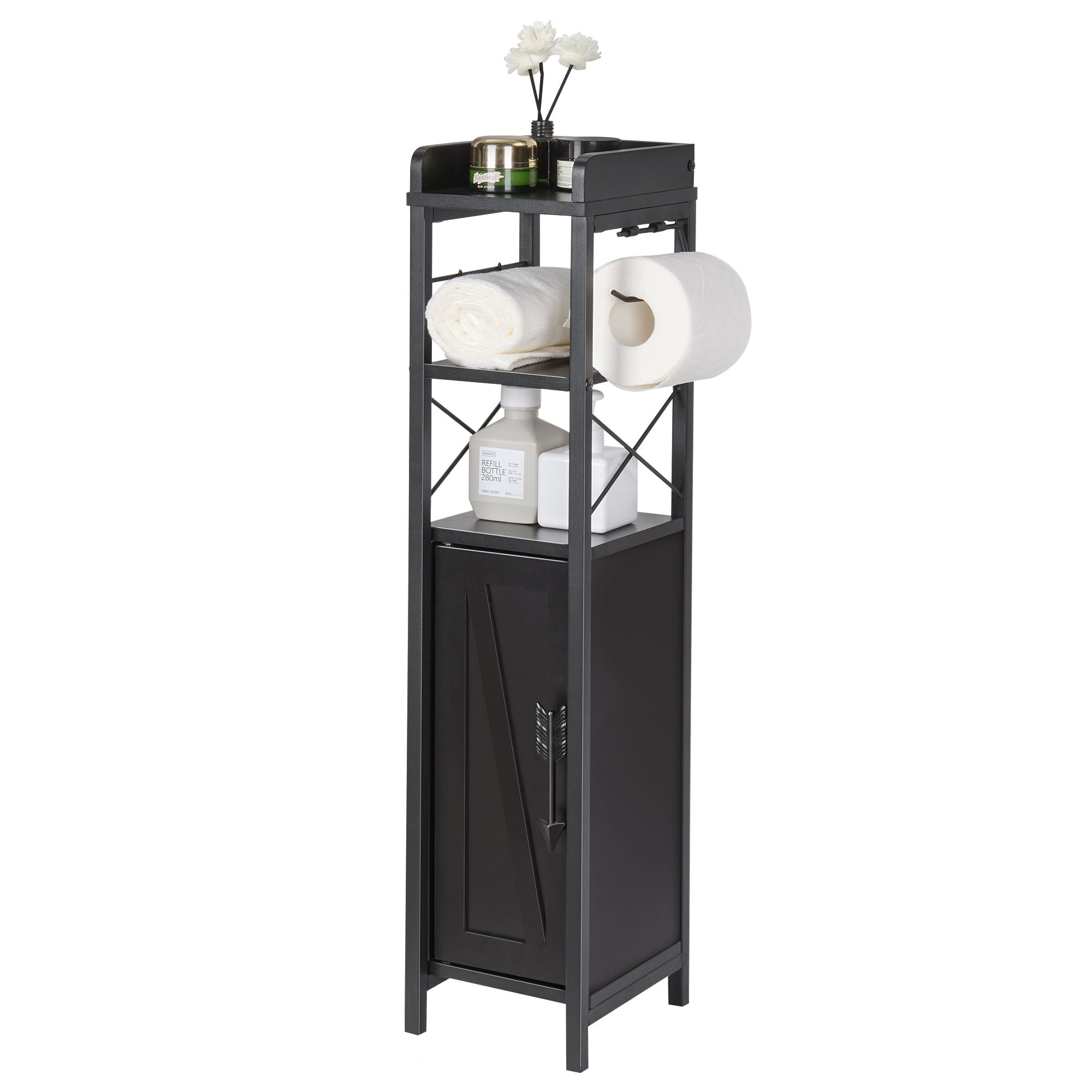 VECELO Small Bathroom Storage Cabinet, Corner Floor Cabinet with Toilet Paper Holder and Shelves, Black