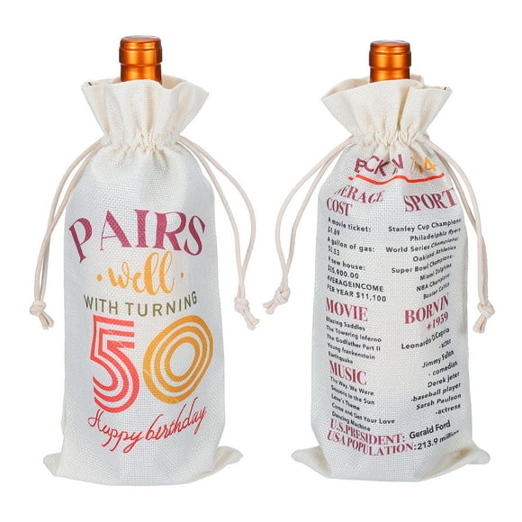 Happy 50th Birthday Gifts Wine Bag for Women Men for Her Him Anniversary Party Supplies, Beige